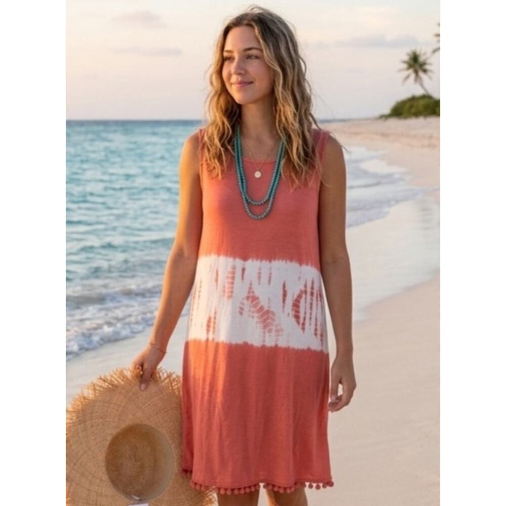 NWT Jennararion Coral Pink and White Sleeveless Dress with Pom Pom Hem